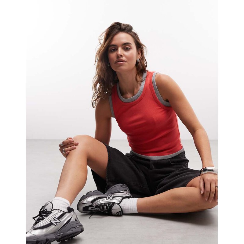 ASOS DESIGN faux double layer ribbed vest in coral & grey marl
