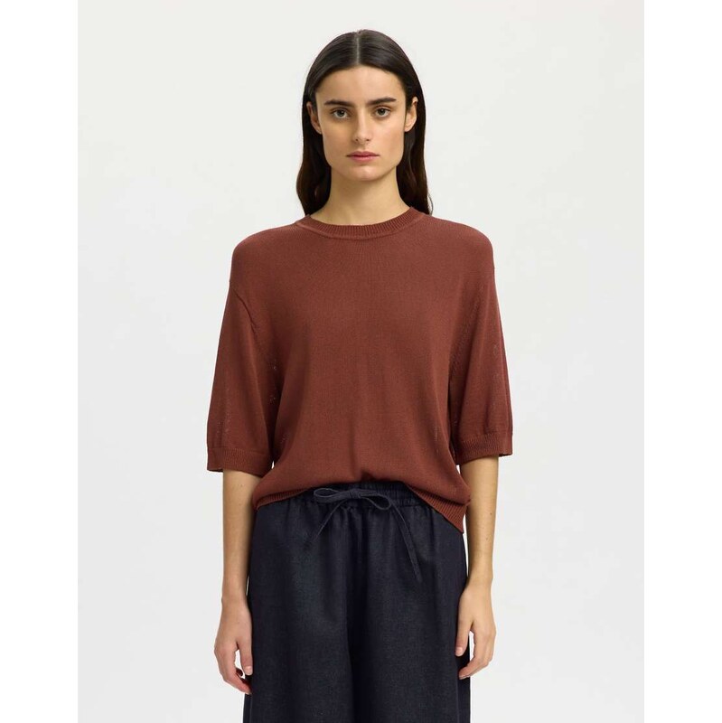 Selected Knitted top in cherry mahogany-Red