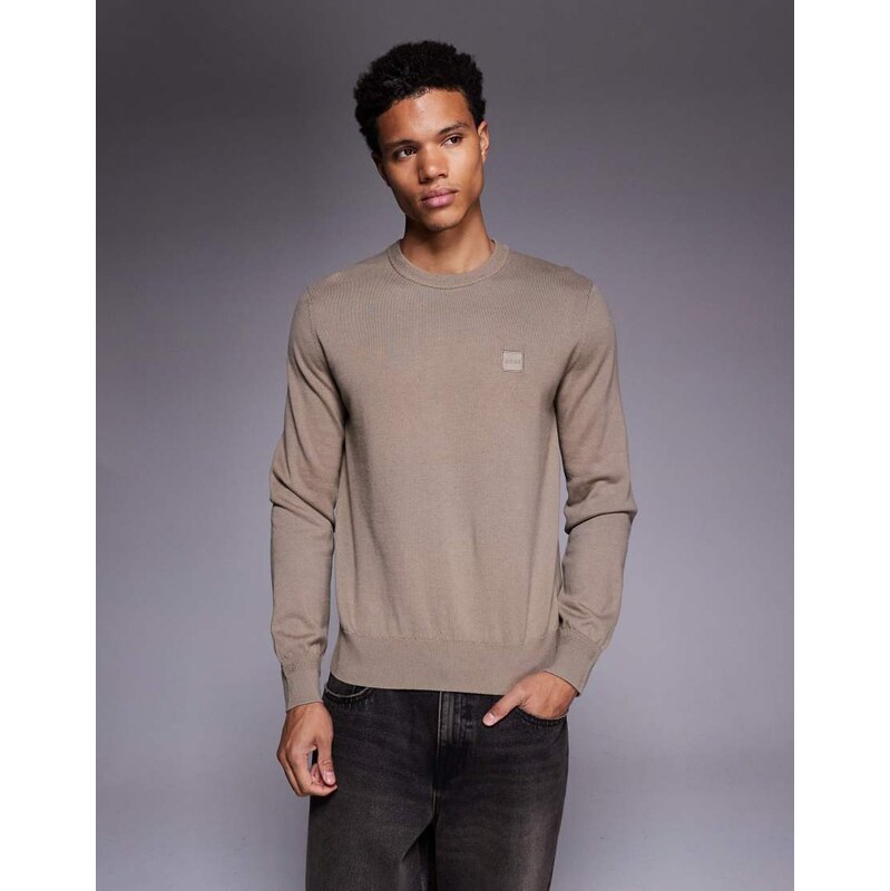 BOSS Orange Kanovano tonal logo fine knit jumper regular fit in dark beige-Neutral