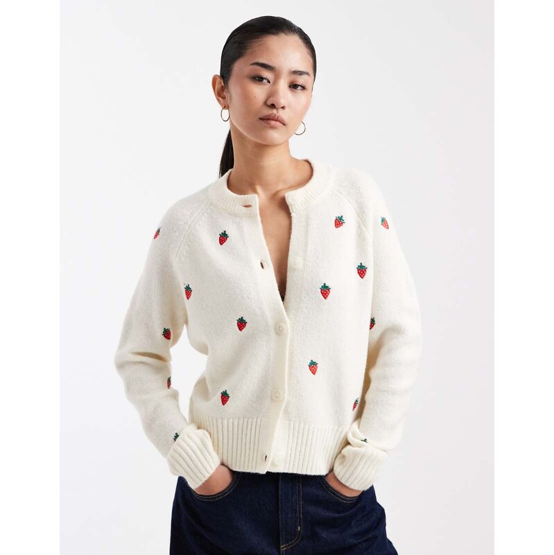 Threadbare contrast stitch cardigan with all over strawberry 115372593