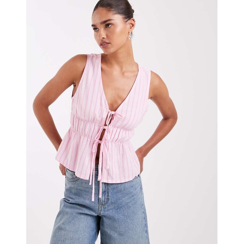 JJXX co-ord linen blend tie up front top in pink stripe