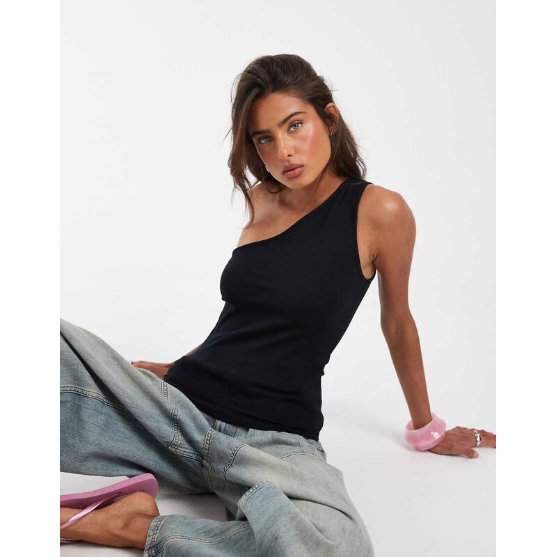 ASOS DESIGN cotton one shoulder top in black-Yellow
