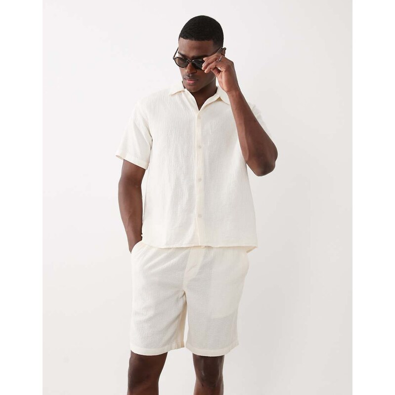 Jack & Jones co-ord textured shorts in cream-White