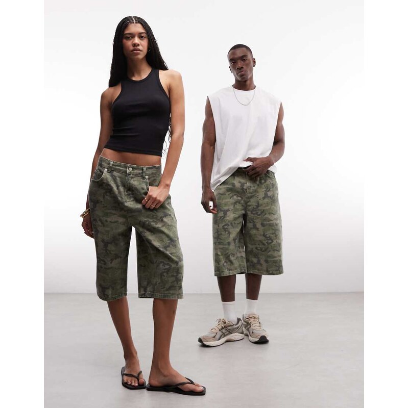 Reclaimed Vintage unisex jort in camo print-Green