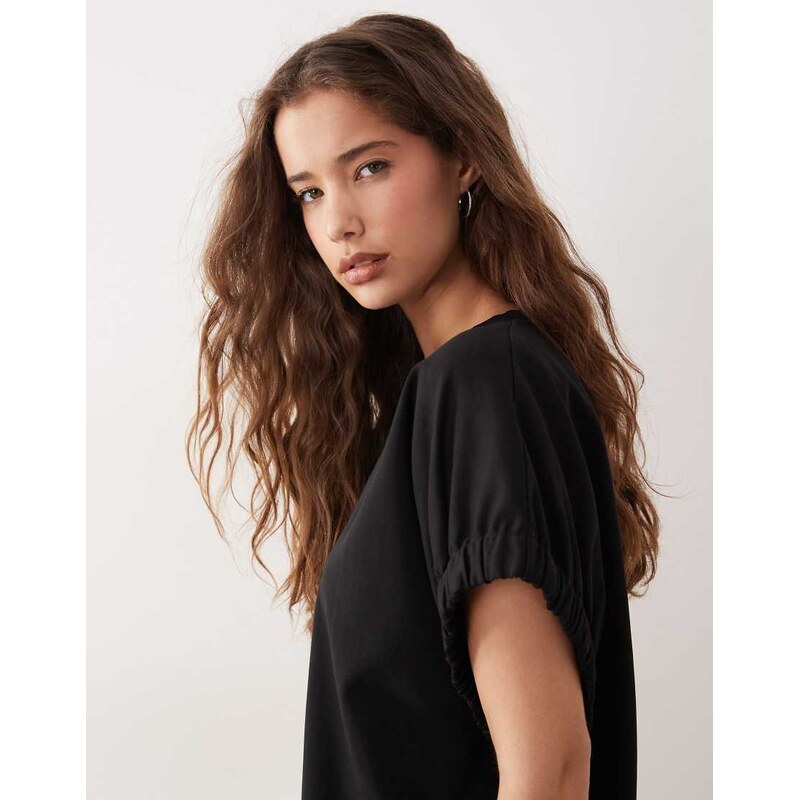 ARKET rich cotton short elasticated sleeve top in black