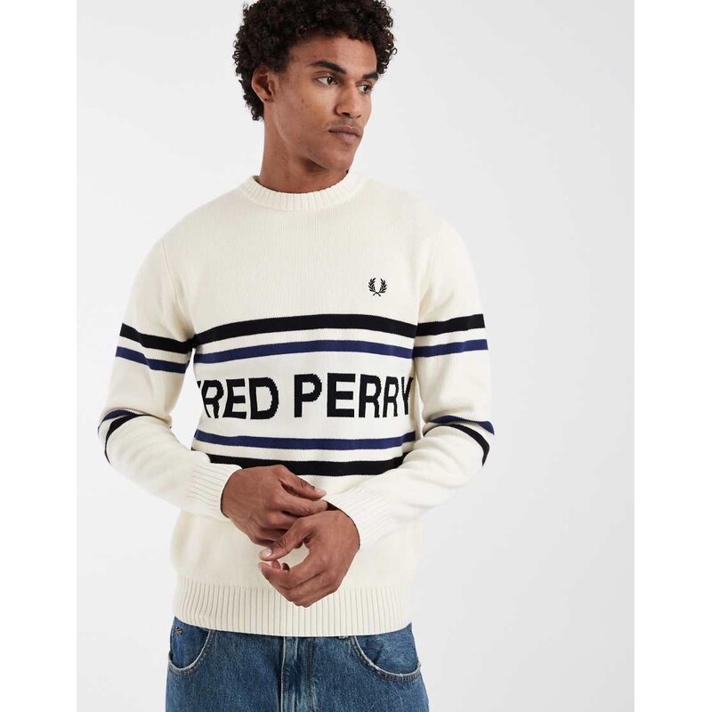 Fred Perry stripe logo graphic knit jumper in ecru-White