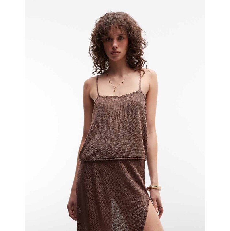 Monki festival crochet cami top co-ord in metallic brown
