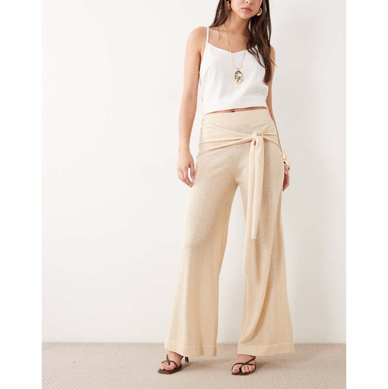 Mango tie waist straight trousers in beige-Neutral