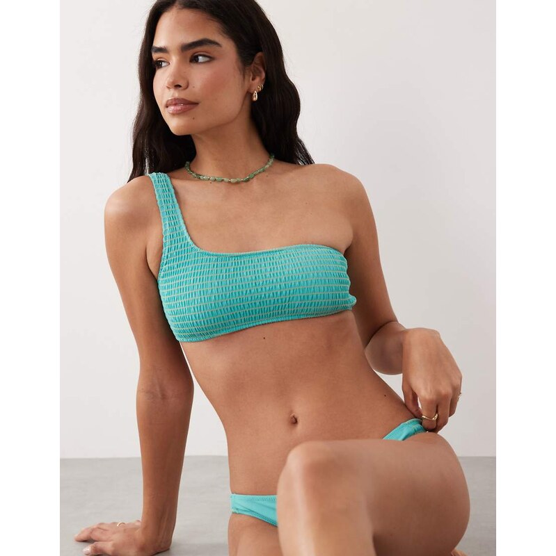 Mango Teen one shoulder crinkle bikini set in turquoise-Blue