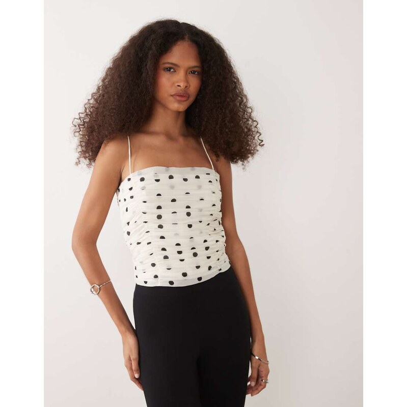 Mango ruched strappy cami top in beige and black polka dot-White