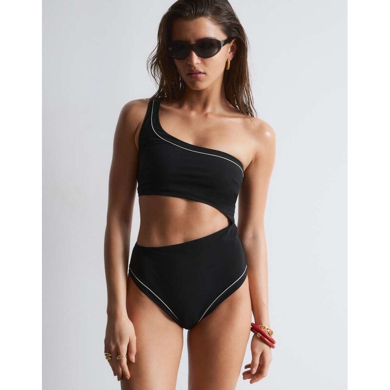 & Other Stories one shoulder swimsuit with cut out in black