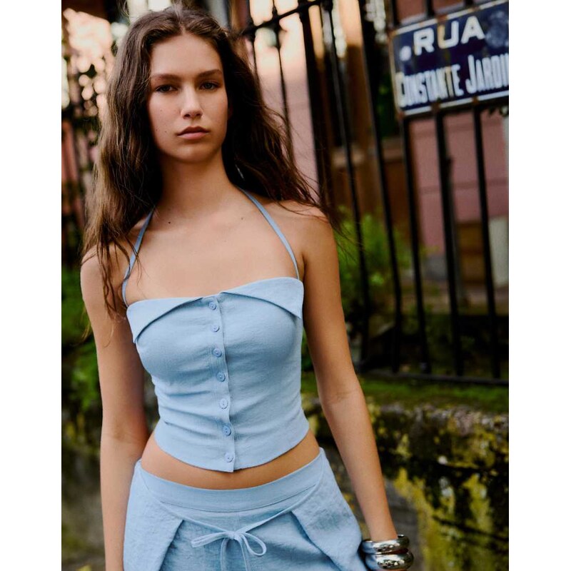 Bershka Halter button-up vest in mid blue