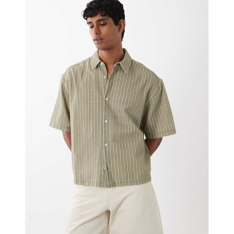 ASOS DESIGN boxy oversized linen look stripe shirt in khaki