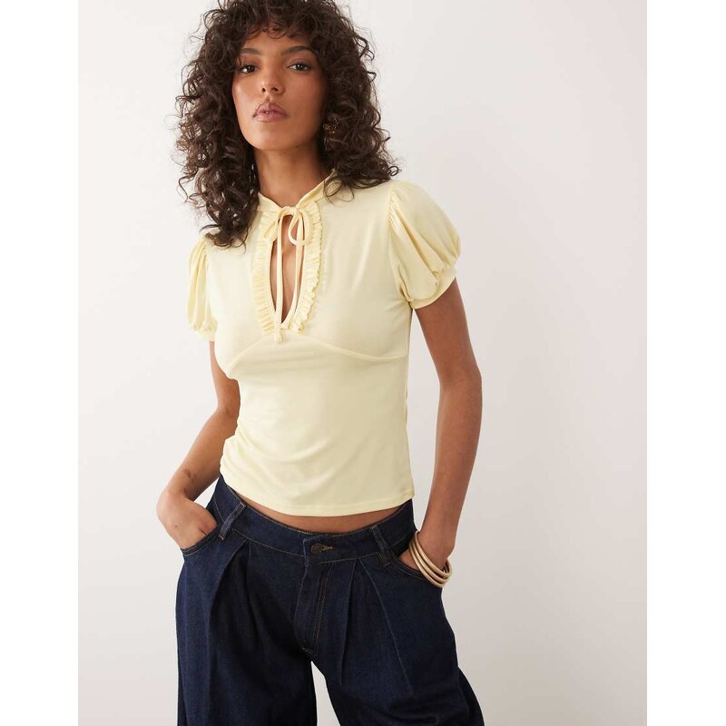 Miss Selfridge ruffled keyhole top with mandarin collar in