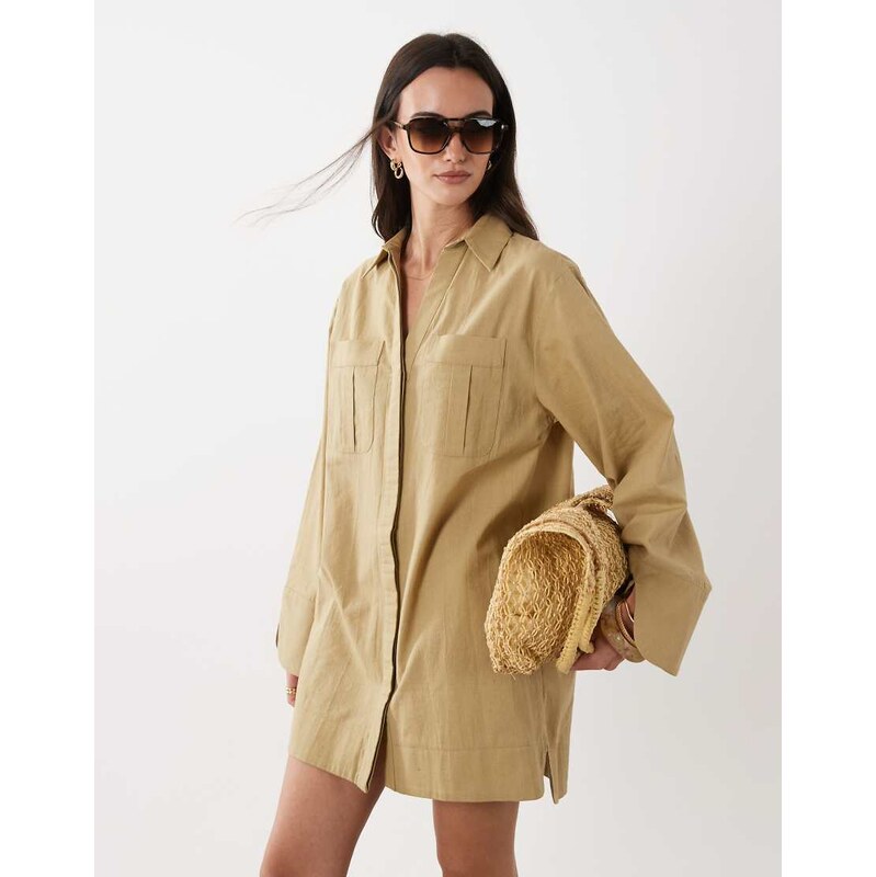 ASOS DESIGN cotton linen mini shirt dress with wide cuffs and