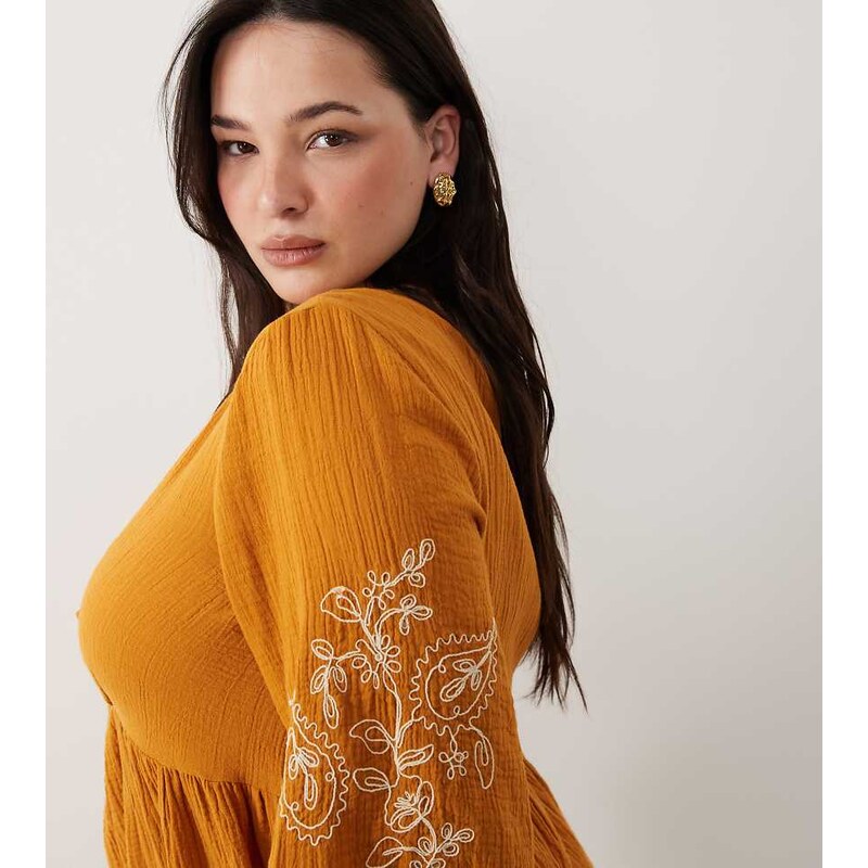New Look Plus New Look Curve embroidered sleeve tea top in burnt 115388694