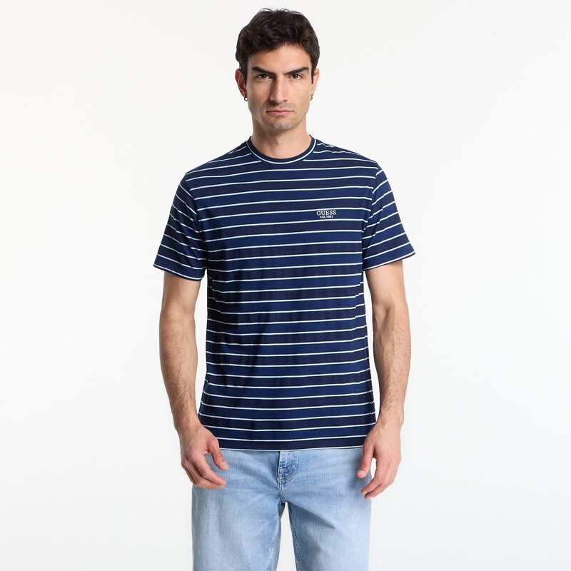 Tričko GUESS Cn Ss Indigo Stripes Embro Tee Dark Indigo White St