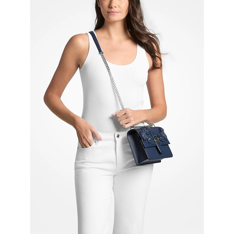 Michael Kors kožená kabelka Greenwich small floral modrá