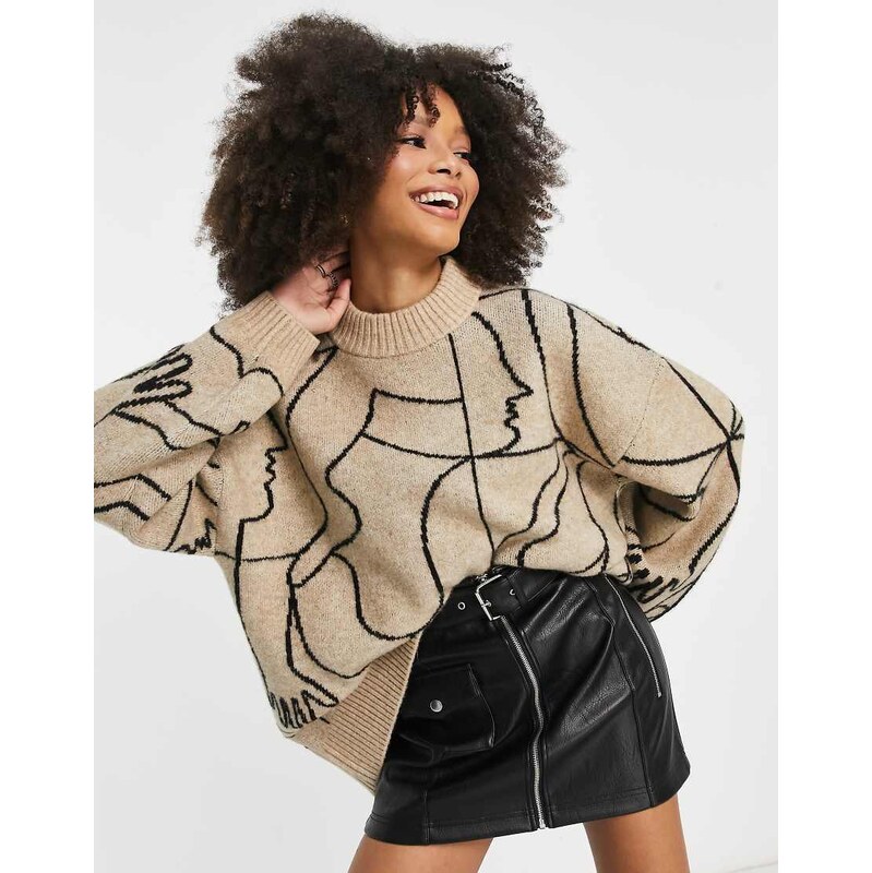 Monki oversized jacquard jumper in beige line graphics-Neutral 115379533