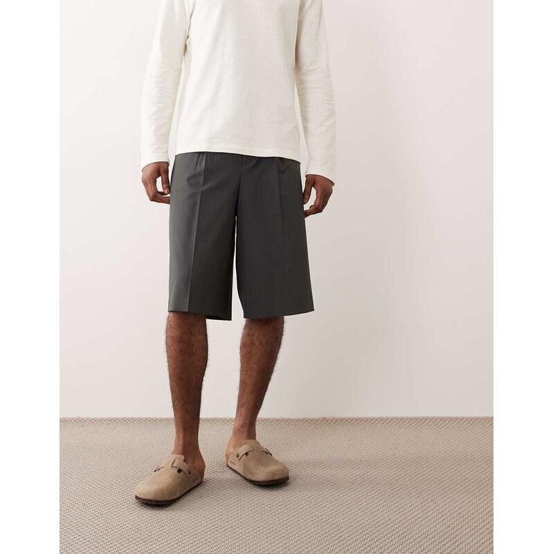 ASOS DESIGN tailored pleated oversized bermuda shorts in charcoal pinstripe-Grey
