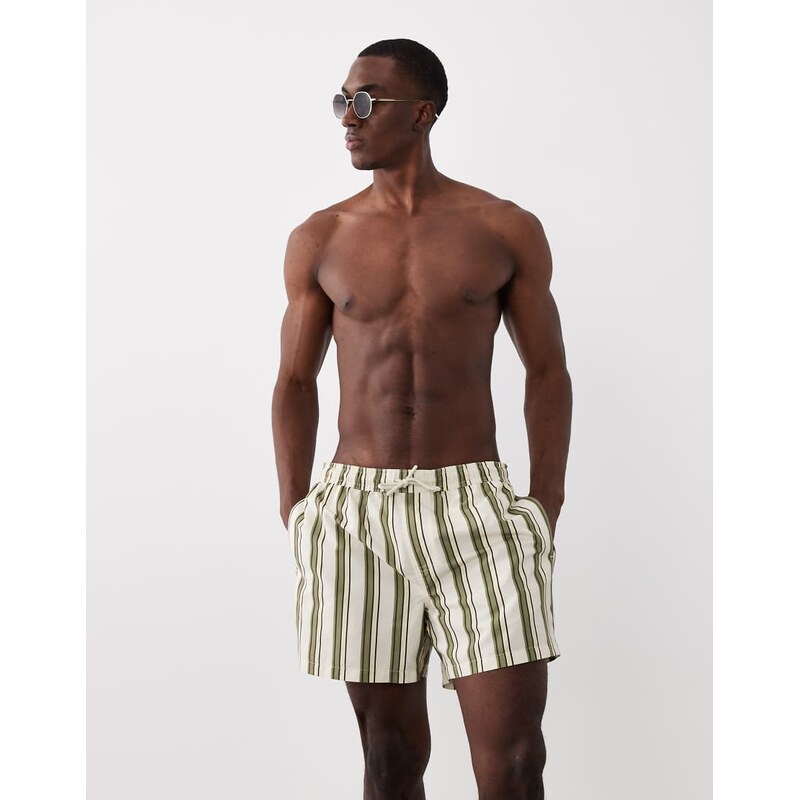 New Look stripe swim shorts in khaki-Green