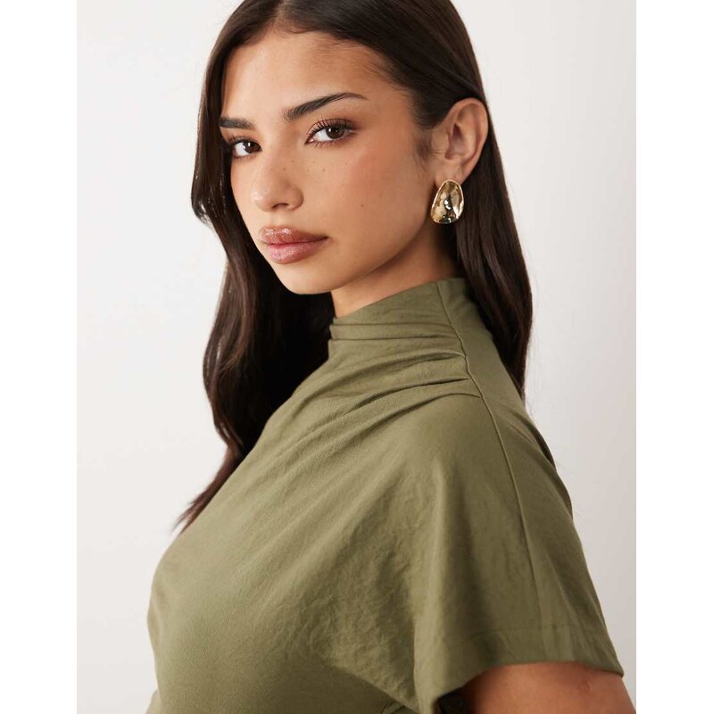 ASOS DESIGN co-ord linen look drape high neck top in khaki green