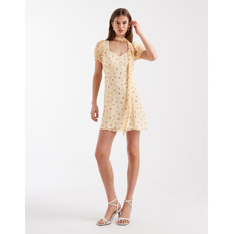 New Look ditsy chiffon scarf mini dress in yellow floral