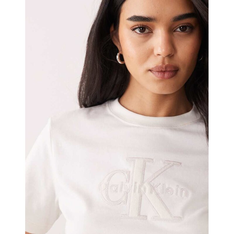 Calvin Klein Jeans Monologo embroidered boxy fit t-shirt in ecru