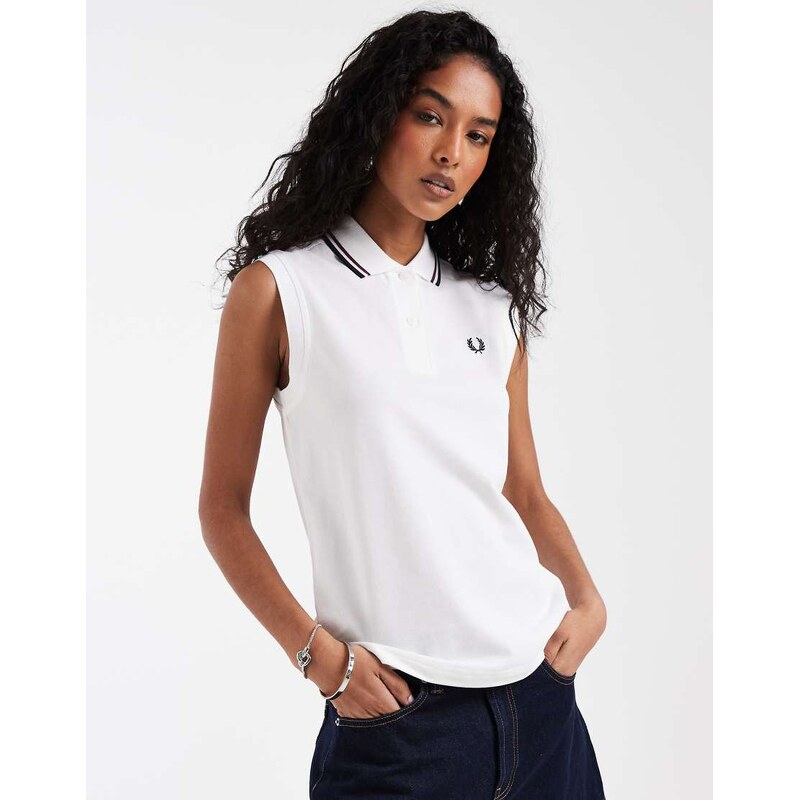 Fred Perry sleeveless twin tipped polo shirt in white with navy and 115379882