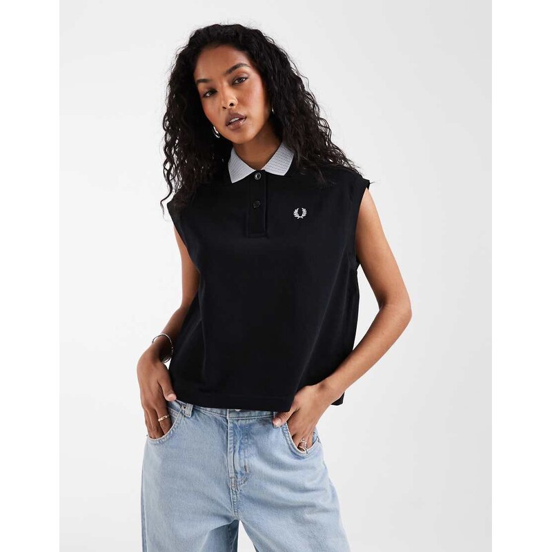 Fred Perry contrast mesh collar sleeveless polo shirt in black 115409257