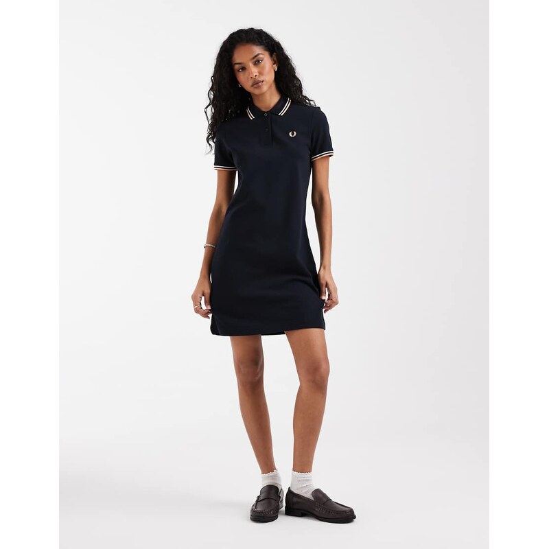 Fred Perry twin tipped mini polo dress in navy with white and peach 115379888
