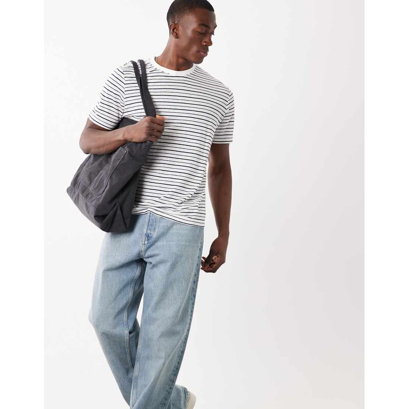 Mango linen mix relaxed fit striped t-shirt in white