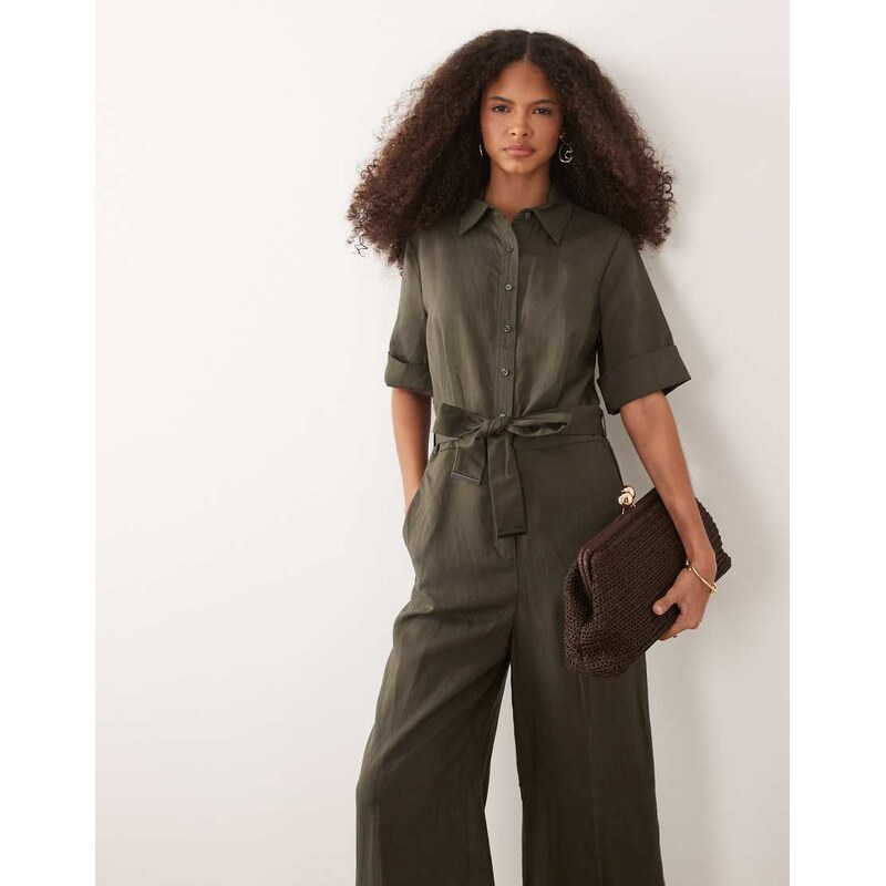 Mango short sleeve tie waist jumpsuit in khaki-Green
