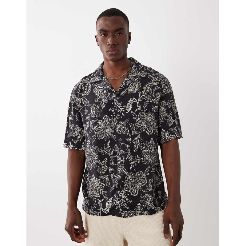 Mango retro paisly print shirt co-ord in black