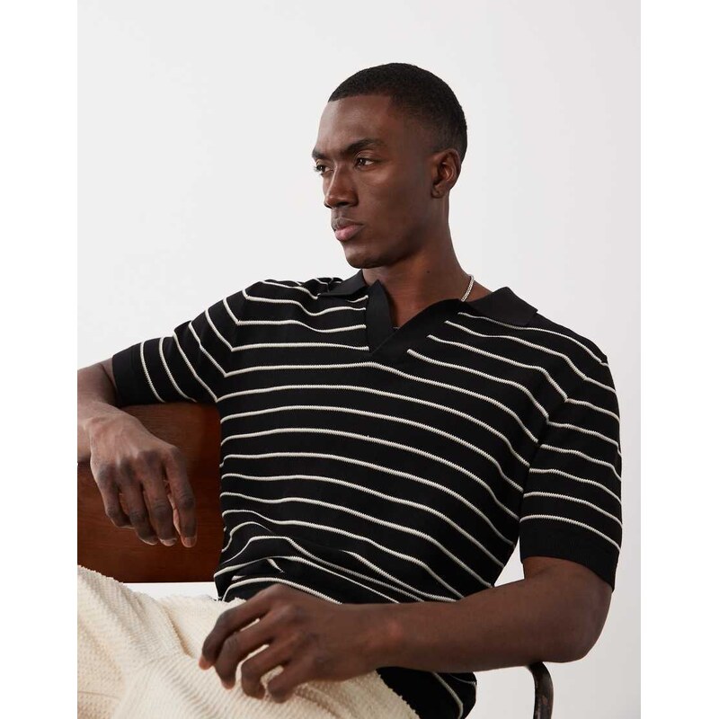 Mango knitted striped poloshirt in black