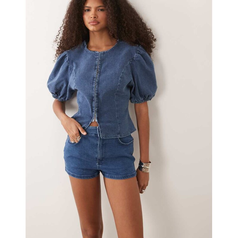 Miss Selfridge denim mini short co-ord in mid blue wash