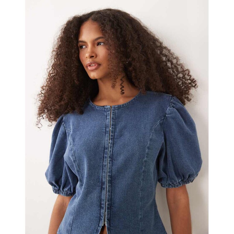 Miss Selfridge puff sleeve denim top co-ord in mid blue wash 115379931