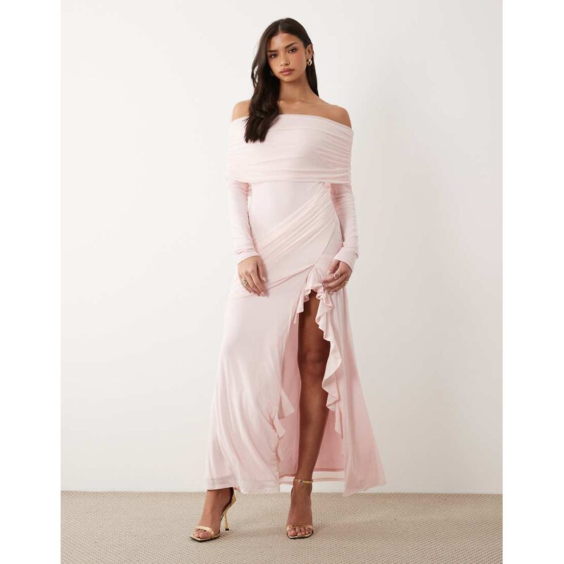 ASOS DESIGN mesh bardot maxi dress with drape and ruffle detail
