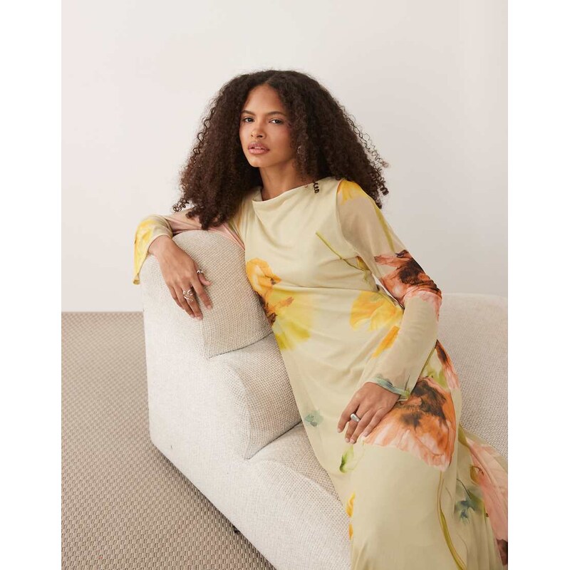ASOS DESIGN long angel sleeve mesh maxi dress in floral print