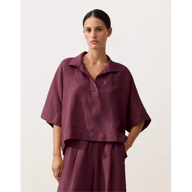OYSHO Oversize short-sleeved 100% linen shirt in purple