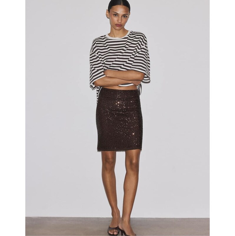 Stradivarius Sequin midi skirt in brown 115379983