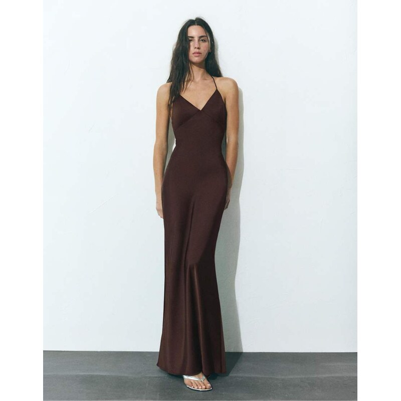 Pull&Bear Satin backless strap dress in brown