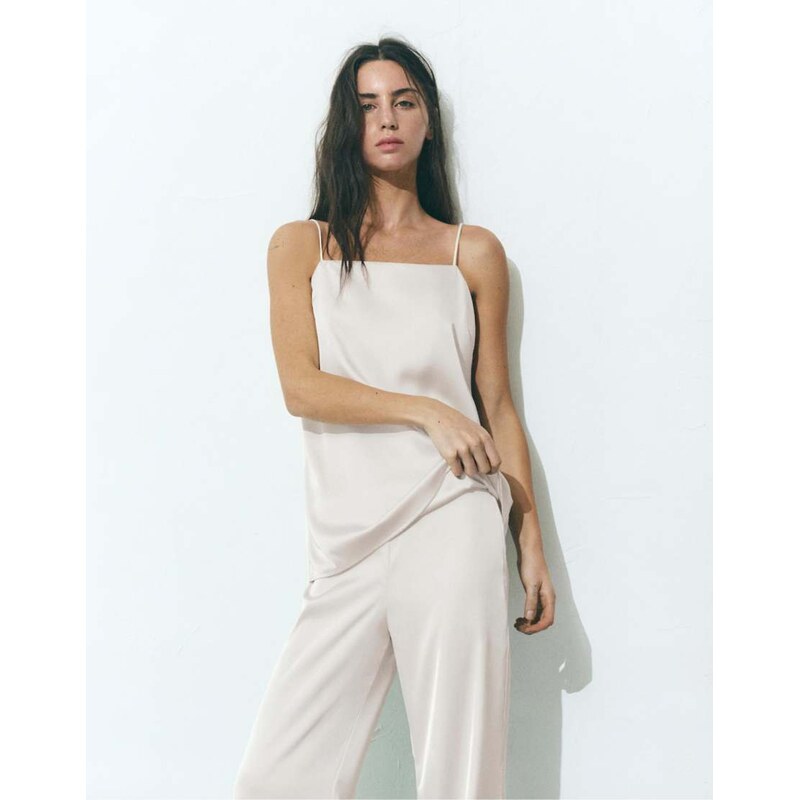 Pull&Bear Satin fabric strappy top in beige-Neutral