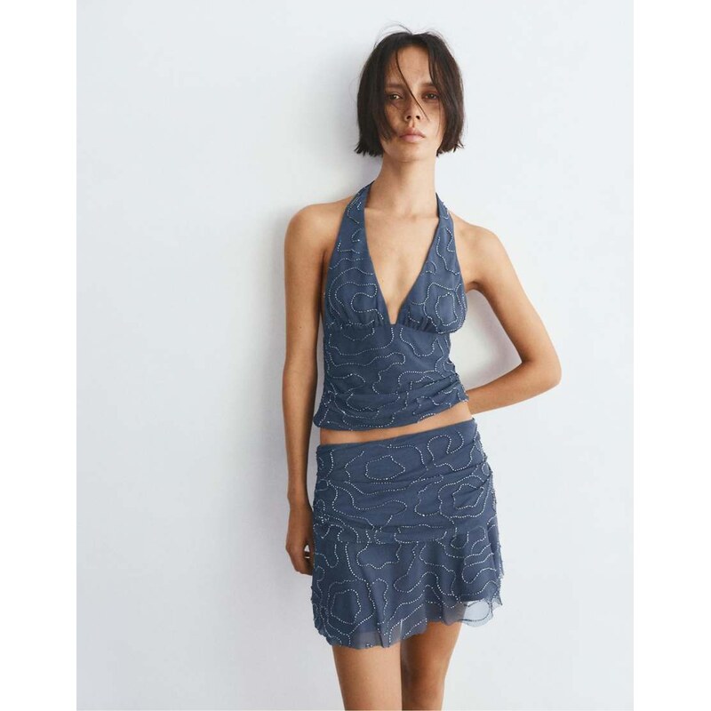 Pull&Bear Beaded tulle halter top in ocean-Navy