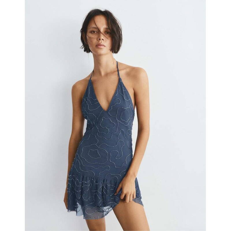 Pull&Bear Short halter beaded dress in ocean-Navy 115380015