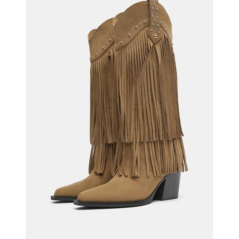 Pull&Bear Fringed cowboy heel boots in brown-Multi 115380039