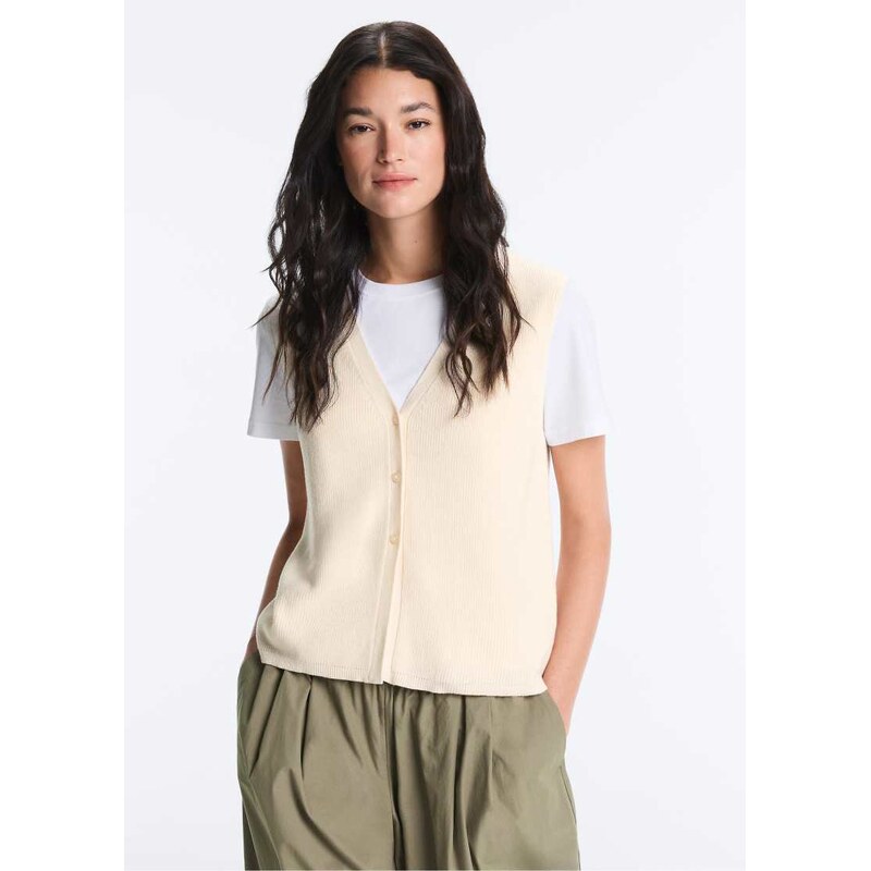 OYSHO Cotton blend v-neck knit cardigan in ecru-Neutral 115380041