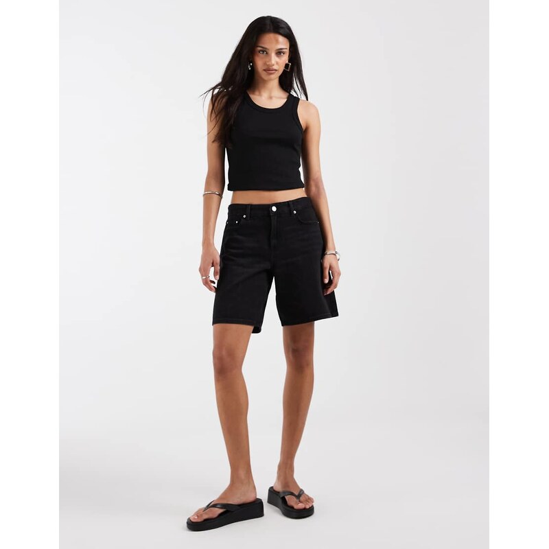 ONLY mid rise longline denim shorts in black 115523352