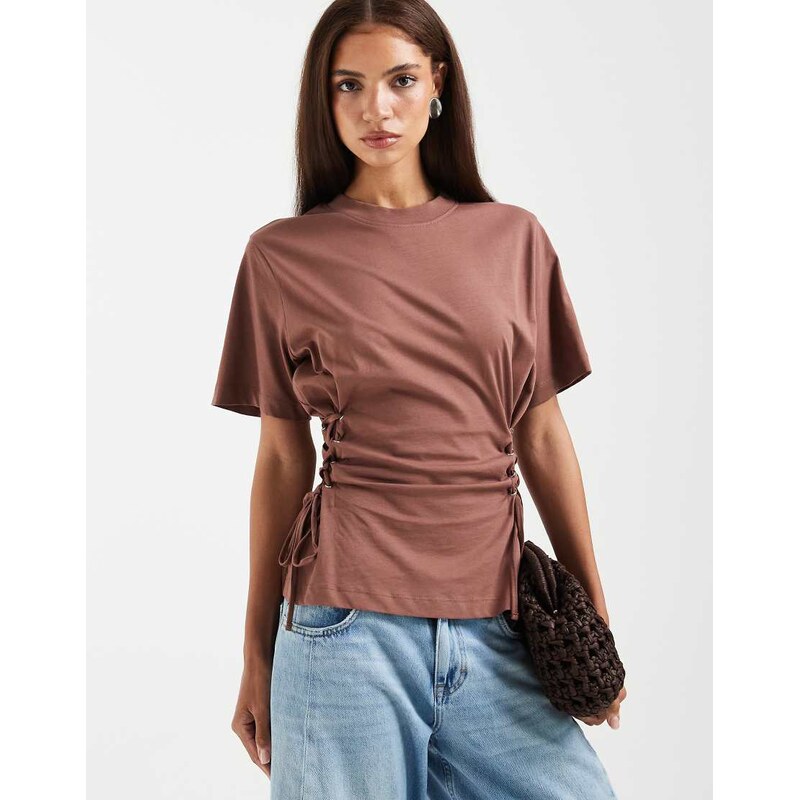 ASOS DESIGN lace up tie side t-shirt in light chocolate-Brown