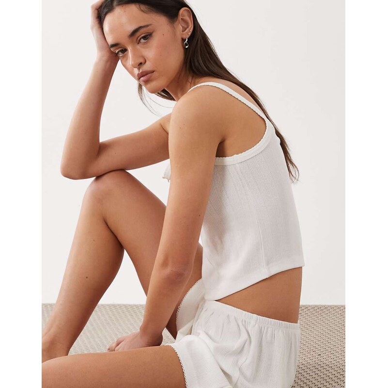 ASOS DESIGN pointelle pyjama cami with rosebud trim in white
